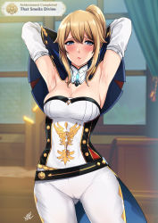 Rule 34 | 1girl, achievement unlocked, adjusting hair, armpit focus, armpits, arms behind back, arms behind head, arms up, artist name, belt, black gloves, blonde hair, blue capelet, blue eyes, blurry, blush, breasts, cameltoe, capelet, chair, cleavage, coattails, collar, cowboy shot, curtains, depth of field, desk, detached collar, detached sleeves, diamond (shape), english text, gameplay mechanics, genshin impact, gloves, gluteal fold, green curtains, half-closed eyes, highres, indoors, jean (genshin impact), large breasts, lips, medium breasts, night, office, outdoors, pants, ponytail, rooftop, sidelocks, solo, tagme, tight clothes, tight pants, tree, white collar, white legwear, white pants, white sleeves, window, xter