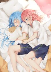 Rule 34 | 2girls, absurdres, ahoge, barefoot, bed sheet, blue eyes, blue hair, blue shorts, closed eyes, closed mouth, feet out of frame, highres, hug, hug from behind, hugging object, long hair, lying, multiple girls, on side, open mouth, original, pillow, pink hair, profile, satou saya, shirt, short sleeves, shorts, very long hair, white shirt