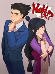 1boy 1girl ace_attorney black_eyes black_hair blue_pants blue_suit caminukai closed_mouth collared_shirt commentary english_commentary formal from_above grey_background highres jewelry long_hair looking_at_another low-tied_long_hair magatama magatama_necklace maya_fey necklace pants phoenix_wright shirt simple_background standing suit thinking topknot white_shirt