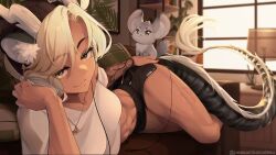 Rule 34 | 1girl, abs, absurdres, animal, animal ears, arm tattoo, artist name, ass grab, breasts, chinchilla (animal), couch, dark-skinned female, dark skin, day, grabbing own ass, headphones, highres, horns, lamp, large breasts, looking at viewer, navel, on couch, p-san (sansin), pillow, plant, sansin jin, scar, shorts, smile, sunlight, tail, tattoo, virtual youtuber, window, yellow eyes
