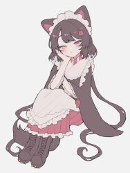 Rule 34 | 2015ma14, animal ears, apron, black footwear, black hair, boots, cross-laced footwear, dog ears, dog hair ornament, dog tail, full body, hair ornament, hand on own cheek, hand on own face, heterochromia, inui toko, inui toko (1st costume), long hair, low twintails, maid, nijisanji, red eyes, simple background, sitting, swept bangs, tail, twintails, very long hair, virtual youtuber, wa maid, white apron, white background, wide sleeves, yellow eyes