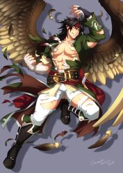 Rule 34 | 1boy, abs, bara, bare pectorals, black hair, boots, bulge, crescentia fortuna, exploding clothes, feathered wings, feathers, fire emblem, fire emblem: radiant dawn, full body, green jacket, jacket, knee boots, large pectorals, leather belt, male focus, medium hair, muscular, muscular male, navel, nintendo, nipples, pants, pectorals, pointy ears, shirt, sidelocks, smile, solo, stomach, thick thighs, thighs, tibarn (fire emblem), torn clothes, torn pants, torn shirt, wings, yellow eyes