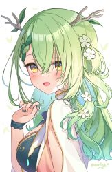 Rule 34 | 1girl, antlers, artist name, black dress, blue nails, braid, braided bangs, branch, breasts, ceres fauna, commentary request, dress, eyebrows hidden by hair, flower, green hair, hair between eyes, hair flower, hair ornament, hair rings, hand up, highres, hololive, hololive english, horns, jewelry, long hair, looking at viewer, looking to the side, medium breasts, moorina, nail polish, ring, signature, single braid, solo, upper body, virtual youtuber, white background, white flower