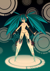Rule 34 | 1girl, absurdres, aqua hair, bright pupils, detached sleeves, eyelashes, gloves, green eyes, grin, hair between eyes, hatsune miku, headgear, highres, mechanical legs, nail polish, navel, number tattoo, panties, partially fingerless gloves, shoulder tattoo, smile, solo, song name, striped clothes, striped panties, tattoo, twintails, underwear, vocaloid, white pupils, yuukyuukyuuka