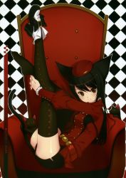 Rule 34 | 1girl, absurdres, animal ears, black hair, black thighhighs, cat, cat ears, cat tail, hat, highres, legs, legs up, long hair, looking at viewer, shirahane nao, shoes, shorts, single shoe, sitting, smile, solo, tail, thighhighs, uniform, zettai ryouiki