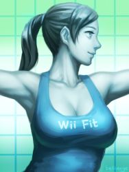Rule 34 | 1girl, aqua shirt, armpits, bellhenge, breasts, cleavage, colored skin, copyright name, female focus, grey eyes, grey hair, highres, large breasts, lips, long hair, md5 mismatch, nintendo, nose, ponytail, resized, resolution mismatch, shirt, smile, solo, source smaller, super smash bros., tank top, upper body, upscaled, white skin, wii fit, wii fit trainer, wii fit trainer (female)