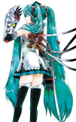 Rule 34 | ak2, android, aqua eyes, aqua hair, cable, detached sleeves, from behind, hair ornament, hairclip, hatsune miku, highres, long hair, looking back, miniskirt, pleated skirt, profile, robot, skirt, smile, thighhighs, twintails, very long hair, vocaloid, wire, zettai ryouiki