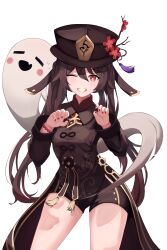 Rule 34 | 1girl, absurdres, bead bracelet, beads, bracelet, brown coat, brown hair, brown hat, brown shorts, coat, coattails, cowboy shot, flower, flower-shaped pupils, genshin impact, ghost, grin, hat, hat flower, hat tassel, highres, hu tao (genshin impact), jewelry, long hair, long sleeves, looking at viewer, one eye closed, orange eyes, red nails, rensy, shorts, simple background, smile, solo, symbol-shaped pupils, thighs, twintails, white background