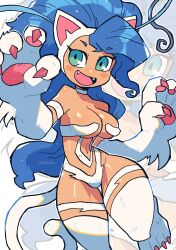 Rule 34 | 1girl, animal ears, animal hands, blue hair, blush, breasts, cat ears, cat tail, cleavage, fangs, felicia (vampire), highres, large breasts, long hair, medium breasts, rariatto (ganguri), tail, vampire (game), very long hair, white fur, wide hips