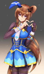 Rule 34 | 1girl, absurdres, admire vega (umamusume), animal ears, black gloves, black pantyhose, blue jacket, blush, breasts, brown hair, commentary request, ear covers, fingerless gloves, gloves, gradient background, heart, heart hands, highres, horse ears, horse girl, horse tail, jacket, long hair, long sleeves, m172/minatsu, medium breasts, necktie, pantyhose, ponytail, purple eyes, single ear cover, single fingerless glove, smile, solo, tail, thigh strap, umamusume, white necktie