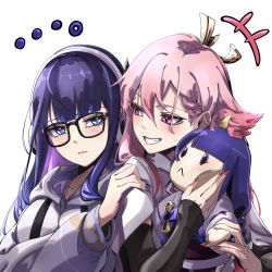 Rule 34 | ..., 2girls, absurdres, alternate costume, animal ears, bespectacled, black-framed eyewear, blush, character doll, closed mouth, commentary request, detached sleeves, doll, floppy ears, fox ears, genshin impact, glasses, grin, hair ornament, hairband, hand on another&#039;s shoulder, highres, holding, holding doll, hood, hood down, hoodie, long hair, long sleeves, looking at another, looking at viewer, multiple girls, nail polish, pink hair, purple eyes, raiden shogun, raiden shogun (2nd anniversary), red nails, simple background, sleeves past wrists, smile, taiju (gr09kuma), white background, yae miko, yae miko (2nd anniversary), yuri