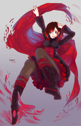 Rule 34 | 1girl, absurdres, boots, cape, character name, copyright name, highres, pantyhose, petals, red hair, rose petals, ruby rose, rwby, scythe, short hair, skirt, solo