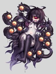 Rule 34 | 1girl, ahoge, barefoot, black hair, blush, breasts, colored sclera, colored skin, commentary request, commission, cyclops, extra eyes, feet, floating, full body, gazer (monster girl encyclopedia), grey background, grey skin, highres, long hair, looking at viewer, medium breasts, monster girl, monster girl encyclopedia, naganegi, navel, nude, one-eyed, open hands, open mouth, outstretched arms, red eyes, sharp teeth, simple background, slime (substance), smile, solo, tail, teeth, tentacles, toes, yellow sclera