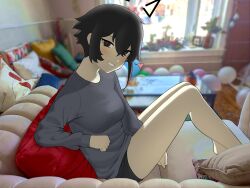 Rule 34 | 1girl, :d, absurdres, arm support, balloon, bare legs, barefoot, between legs, black eyes, black hair, black shorts, blurry, blurry background, blush, breasts, catherine (sedai), commentary, couch, crossed bangs, depth of field, drawn ears, english commentary, foot out of frame, grey shirt, hand between legs, head tilt, heart, highres, indoors, lamp, leaning back, legs, living room, long sleeves, looking at viewer, medium breasts, open mouth, original, photo background, sedai, shadow, shirt, short hair, short shorts, shorts, sidelocks, sitting, smile, soles, solo, table