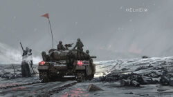 Rule 34 | absurdres, android, barrel, battle, bodies, carrying, death, flag, gun, hat, highres, lhlclllx97, light, machine gun, military, military hat, military uniform, military vehicle, motor vehicle, scenery, science fiction, snow, snowing, steam, tank, uniform, war, weapon