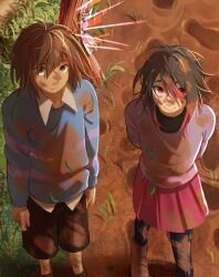 Rule 34 | bete noire, blue shirt, boots, brown hair, brown pants, clothes, frisk (undertale), glitchtale, grass, grey eyes, knife, mud, pants, pink eyes, pink hair, pink shirt, purple shirt, red skirt, shirt, short hair, skirt, tree