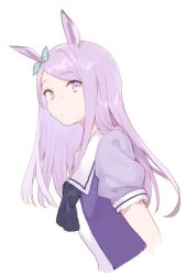 Rule 34 | 1girl, animal ears, black bow, black bowtie, bow, bowtie, cropped arms, cropped torso, ear bow, fifuth, from side, green bow, horse ears, horse girl, long hair, looking at viewer, mejiro mcqueen (umamusume), purple eyes, purple hair, purple shirt, shirt, short sleeves, simple background, solo, straight hair, umamusume, upper body, white background