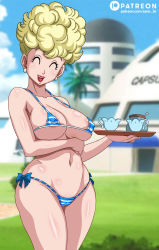 Rule 34 | 1girl, ^ ^, areola slip, arm across waist, bikini, blonde hair, blue bikini, blue bow, blue sky, blurry, bow, breasts, building, cameltoe, capsule corp, cleft of venus, closed eyes, cloud, covered erect nipples, cowboy shot, cup, day, depth of field, dragon ball, dragonball z, earrings, highres, holding, holding tray, jewelry, lipstick, makeup, mature female, medium breasts, micro bikini, navel, outdoors, palm tree, panchy, red lips, sano br, shiny skin, short hair, sky, smile, solo, standing, strap gap, striped bikini, striped clothes, swimsuit, teacup, tray, tree, underboob, wavy hair, wide hips
