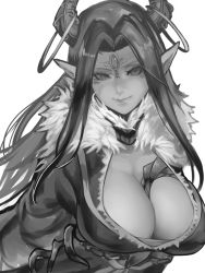 Rule 34 | 1girl, between breasts, breasts, closed mouth, eyelashes, forehead jewel, fur trim, greyscale, highres, horn ornament, horn ring, horns, jewelry, kumiko shiba, large breasts, long hair, looking at viewer, monochrome, pointy ears, simple background, sketch, smile, solo, thunderbolt fantasy, upper body, white background, unfinished, xing hai