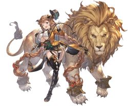 Rule 34 | 1girl, animal, boots, braid, breasts, carmelina (granblue fantasy), claws, detached sleeves, draph, epaulettes, full body, garter straps, gloves, granblue fantasy, hair ornament, hat, high heel boots, high heels, holding, holding weapon, horns, large breasts, leg up, lion, long hair, long sleeves, looking at viewer, minaba hideo, miniskirt, open mouth, skirt, smile, tail, thigh boots, thighhighs, transparent background, underboob, very long hair, weapon, whip, white gloves