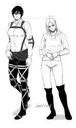 Rule 34 | 2girls, absurdres, annie leonhart, annlu vazzel, artist name, bags under eyes, boots, breasts, collared shirt, commentary, dated, elbow pads, english commentary, greyscale, head tilt, height difference, highres, hood, hooded sweater, jewelry, knee boots, medium breasts, mikasa ackerman, monochrome, multiple girls, ring, shingeki no kyojin, shirt, short hair, small breasts, sweater
