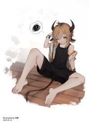 Rule 34 | 1boy, animal ears, arknights, artist name, barefoot, bison (arknights), black shorts, blush, brown hair, closed mouth, cow boy, cow ears, cow horns, cow tail, dated, feet, full body, gloves, highres, horns, light brown hair, looking at viewer, male focus, shorts, sitting, solo, spoken squiggle, squiggle, tail, tsukibara, white gloves