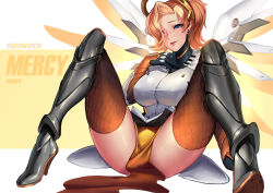 Rule 34 | 1girl, blonde hair, blue eyes, breasts, brown thighhighs, cian yo, gloves, hair over one eye, halo, large breasts, lips, mechanical halo, mechanical wings, mercy (overwatch), overwatch, overwatch 1, short hair, sitting, solo, spread legs, thighhighs, wings