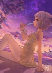 Rule 34 | 1girl, animal ears, beach, cat ears, dress, food, highres, looking at viewer, nia (fancy sundress) (xenoblade), nia (xenoblade), nintendo, popsicle, short hair, solo, sou (pale 1080), spoilers, sundress, sunset, water, xenoblade chronicles (series), xenoblade chronicles 2