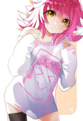 Rule 34 | &gt; &lt;, 1girl, :&gt;, black thighhighs, blunt bangs, blunt ends, closed mouth, collarbone, commentary, dot mouth, drawing, expressionless, hands up, long sleeves, looking at viewer, love live!, love live! nijigasaki high school idol club, pink hair, print shirt, see-through silhouette, shirt, short hair, single thighhigh, sleeves past wrists, solo, strapless, strapless shirt, sumeragi hamao, tennoji rina, thighhighs, thighs, white background, white shirt, yellow eyes