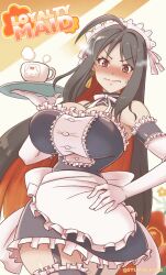 Rule 34 | 1girl, ahoge, alternate costume, apron, arm cuffs, black dress, black hair, black thighhighs, blush, breasts, closed mouth, colored inner hair, dress, earrings, elbow gloves, enmaided, frilled dress, frills, gloves, goddess of victory: nikke, hand on own hip, highres, holding, jewelry, large breasts, legwear garter, long hair, looking at viewer, maid, maid headdress, moran (nikke), multicolored hair, red eyes, red hair, solo, stupidleon2, sweatdrop, tassel, tassel earrings, thighhighs, white apron, white gloves