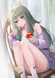 Rule 34 | 1girl, bare legs, blush, chair, dress, food, foot out of frame, green hair, hair between eyes, highres, jacket, knees up, kusanagi nene, legs, long hair, nail polish, no shoes, open mouth, pora 0918, project sekai, purple eyes, purple jacket, purple nails, socks, solo, sweater jacket, white dress, white socks