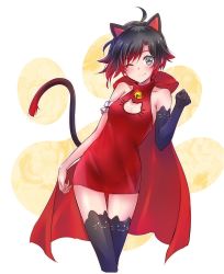 Rule 34 | 1girl, animal ears, black hair, black thighhighs, cape, cat cutout, cat ears, cat tail, cleavage cutout, cloak, clothing cutout, dress, fake animal ears, fang, gloves, gradient hair, grey eyes, halter dress, halterneck, highres, hood, hooded cloak, iesupa, multicolored hair, red cape, red dress, red hair, ruby rose, rwby, short hair, single glove, solo, tail, thighhighs, two-tone hair