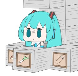 Rule 34 | 1girl, absurdres, aqua hair, bare shoulders, block (object), blue necktie, bread, chibi, commentary, detached sleeves, dot mouth, drawing (object), expressionless, flat color, food, grey shirt, hair ornament, hatsune miku, hatsune negame, headphones, highres, long hair, minecraft, necktie, shirt, solid oval eyes, solo, spring onion, stone, tongs, twintails, very long hair, vocaloid, white background