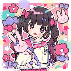 Rule 34 | 1girl, blush stickers, bow, bowtie, brown hair, candy, flower, food, hair bow, hand on own cheek, hand on own face, hao (00hao00), head tilt, holding, holding stuffed toy, long sleeves, looking at viewer, multicolored hair, open mouth, original, pink eyes, pink hair, sailor collar, solo, stuffed animal, stuffed rabbit, stuffed toy, twintails