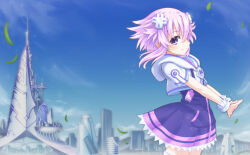 1girl absurdres bracelet choker closed_mouth d-pad d-pad_hair_ornament dress floating_hair hair_ornament highres jewelry kami_jigen_game_neptune_v long_sidelocks neptune_(neptunia) neptune_(series) own_hands_together pink_hair purple_dress purple_eyes shionic_zm short_hair short_sleeves sidelocks solo standing thighhighs white_choker