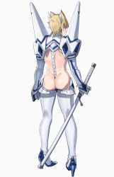 Rule 34 | 1boy, armor, arms at sides, ass, back, bad id, bad pixiv id, bare back, blonde hair, blue footwear, blush, boots, cosplay, crossdressing, earrings, from behind, full body, gloves, headgear, high collar, high heels, holding, holding sword, holding weapon, jack atlas, jewelry, junketsu, kill la kill, kiryuuin satsuki (cosplay), legs apart, looking at viewer, male focus, pauldrons, pigeon-toed, profile, revealing clothes, sheath, sheathed, shoes, shoulder armor, sidelocks, sideways glance, simple background, solo, spine, sword, thigh boots, thighhighs, thong, torinomaruyaki, weapon, white background, white gloves, white thighhighs, yu-gi-oh!, yu-gi-oh! 5d&#039;s