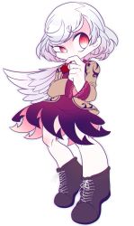 Rule 34 | 1girl, boots, bow, dress, full body, jacket, kishin sagume, layered clothes, long sleeves, purple dress, red eyes, short hair, simple background, single wing, sizma, solo, touhou, white background, white hair, wings