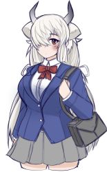 Rule 34 | 1girl, bag, blue jacket, blush, bow, bowtie, brown eyes, collared shirt, commentary, cowboy shot, extra ears, grey skirt, hair between eyes, highres, jacket, kemono friends, kemono friends 3, long hair, long sleeves, looking at viewer, nanoder, official alternate costume, ox ears, ox girl, ox horns, pleated skirt, red bow, red bowtie, school bag, school uniform, shirt, skirt, solo, twintails, white hair, white shirt, yak (kemono friends)