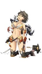 Rule 34 | 1girl, artist request, breasts, broken, broken sword, broken weapon, brown hair, cleavage, dual wielding, full body, holding, holding sword, holding weapon, katana, kneeling, large breasts, looking up, midriff, navel, official art, oshiro project:re, oshiro project:re, saga (oshiro project), short hair, solo, sword, torn clothes, transparent background, weapon