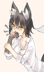 Rule 34 | 1girl, angry, animal ears, arm grab, biting, black hair, blush, breasts, cleavage, disembodied limb, finger biting, fox ears, fox tail, ganesagi, medium breasts, nanashi (ganesagi), nanashi (shirogane usagi), original, shirt, short hair, simple background, sleeves rolled up, slit pupils, solo focus, tail, transparent, white shirt, yellow eyes