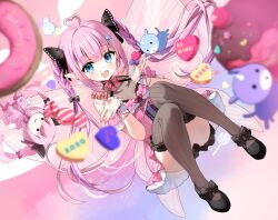 Rule 34 | 1girl, :d, ahoge, black footwear, black thighhighs, blue eyes, blurry, blurry foreground, bow, braid, brooch, butterfly wings, candy, chibi, choppy bangs, doughnut, dress, earrings, food, full body, hair ornament, hairclip, heart, heart ahoge, heart brooch, heart earrings, highres, insect wings, jewelry, kokoromo memory, looking at viewer, multicolored hair, open mouth, phase connect, phase connect jp, pink bow, pink dress, pink hair, pointy ears, purple hair, sidelocks, sitting, smile, streaked hair, suimya, thighhighs, twin braids, twintails, two-tone hair, valentine, virtual youtuber, wings, wrist cuffs, xo