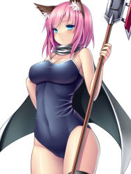 Rule 34 | 1girl, animal ear fluff, animal ears, arm behind back, blue eyes, blush, breasts, cape, cat ears, competition school swimsuit, covered navel, one-piece swimsuit, original, pink hair, school swimsuit, short hair, simple background, solo, swimsuit, tsukumiya amane, weapon, white background
