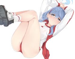 Rule 34 | 1girl, absurdres, ako (blue archive), ako (track) (blue archive), alreadyusedpai, arms up, blue archive, blue eyes, blue hair, buruma, closed mouth, crescent halo, hair between eyes, halo, highres, jacket, legs up, long sleeves, looking at viewer, lying, medium hair, on back, red buruma, shirt, simple background, solo, track jacket, white background