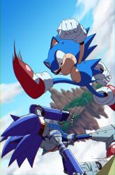 Rule 34 | 2boys, banel springer, battle, black eyes, blue sky, cloud, furry, furry male, gloves, highres, kicking, male focus, mecha sonic, multiple boys, red footwear, robot, shoes, sky, sneakers, sonic &amp; knuckles, sonic (series), sonic the hedgehog, sonic the hedgehog (classic), white gloves