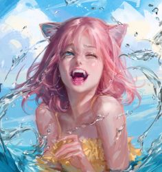 Rule 34 | 1girl, absurdres, animal ears, bare shoulders, blue eyes, bm94199, cat ears, cat girl, commentary, commission, english commentary, happy, highres, medium hair, one eye closed, open mouth, original, partially submerged, pink hair, simple background, solo, splashing, tearing up, teeth, tongue, upper body, water