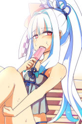 Rule 34 | 1girl, absurdres, at2., bench, blue hair, collarbone, eating, fang, food, food in mouth, highres, kotonoha aoi, long hair, looking at viewer, ponytail, popsicle, popsicle in mouth, red eyes, sitting, solo, sweat, teeth, upper teeth only, voiceroid