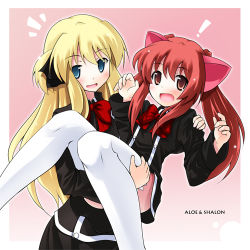 Rule 34 | !, 2girls, :d, aloe, aloe (quiz magic academy), blonde hair, border, bow, bowtie, brown eyes, carrying, character name, komone ushio, long hair, long sleeves, looking at viewer, lowres, multiple girls, open mouth, outside border, pink background, princess carry, quiz magic academy, red bow, red bowtie, red hair, shalon, sidelocks, simple background, smile, thighhighs, thighs, ukomone, upper body, very long hair, white legwear