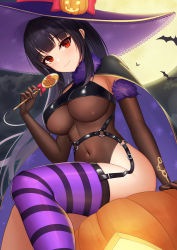 Rule 34 | 1girl, abeen jhong, absurdres, bat (animal), black hair, bow, breasts, brown gloves, brown leotard, candy, cleavage, closed mouth, cloud, covered navel, dutch angle, elbow gloves, floating hair, food, full moon, gloves, halloween, hat, highres, holding, holding food, jack-o&#039;-lantern, large breasts, leotard, lollipop, long hair, looking at viewer, moon, night, night sky, o-ring, original, pumpkin, purple thighhighs, red bow, red eyes, sitting, sky, smile, solo, striped clothes, striped thighhighs, thighhighs, thighs, witch hat