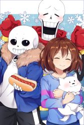 Rule 34 | 1other, 2boys, :d, ^ ^, annoying dog, blush, brown hair, closed eyes, coat, facing viewer, frisk (undertale), gloves, highres, hot dog, kaoling, looking at viewer, multiple boys, open mouth, pants, papyrus (undertale), sans (undertale), scarf, shirt, skeleton, smile, teeth, track pants, undertale