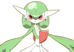 Rule 34 | 1girl, :3, annoyed, blush, bob cut, closed mouth, collarbone, colored skin, creatures (company), female focus, flat chest, game freak, gardevoir, gen 3 pokemon, green hair, green skin, hair between eyes, kazamidoririnn, looking at viewer, multicolored skin, nintendo, outline, outstretched arms, pokemon, pokemon (creature), pout, red eyes, shiny skin, short hair, simple background, solo, standing, two-tone skin, upper body, white background, white skin, yellow outline